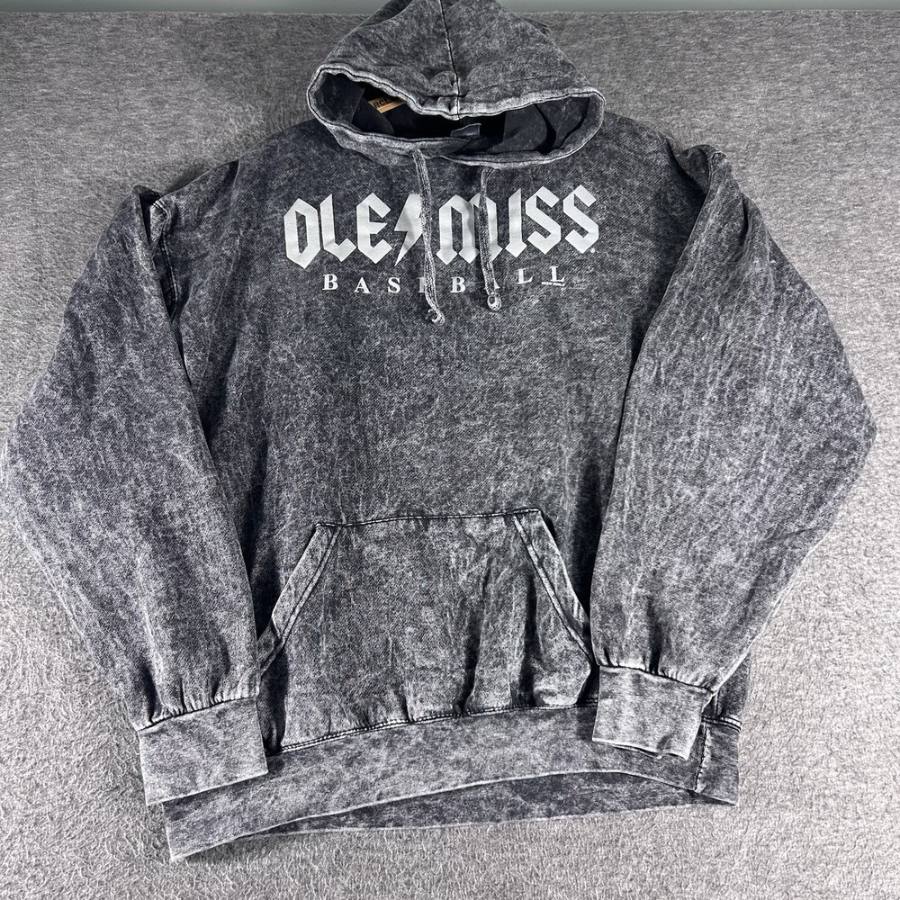Men's Ole Miss Rebels Baseball Colortone Acid Washed Black Hoodie Size L‎